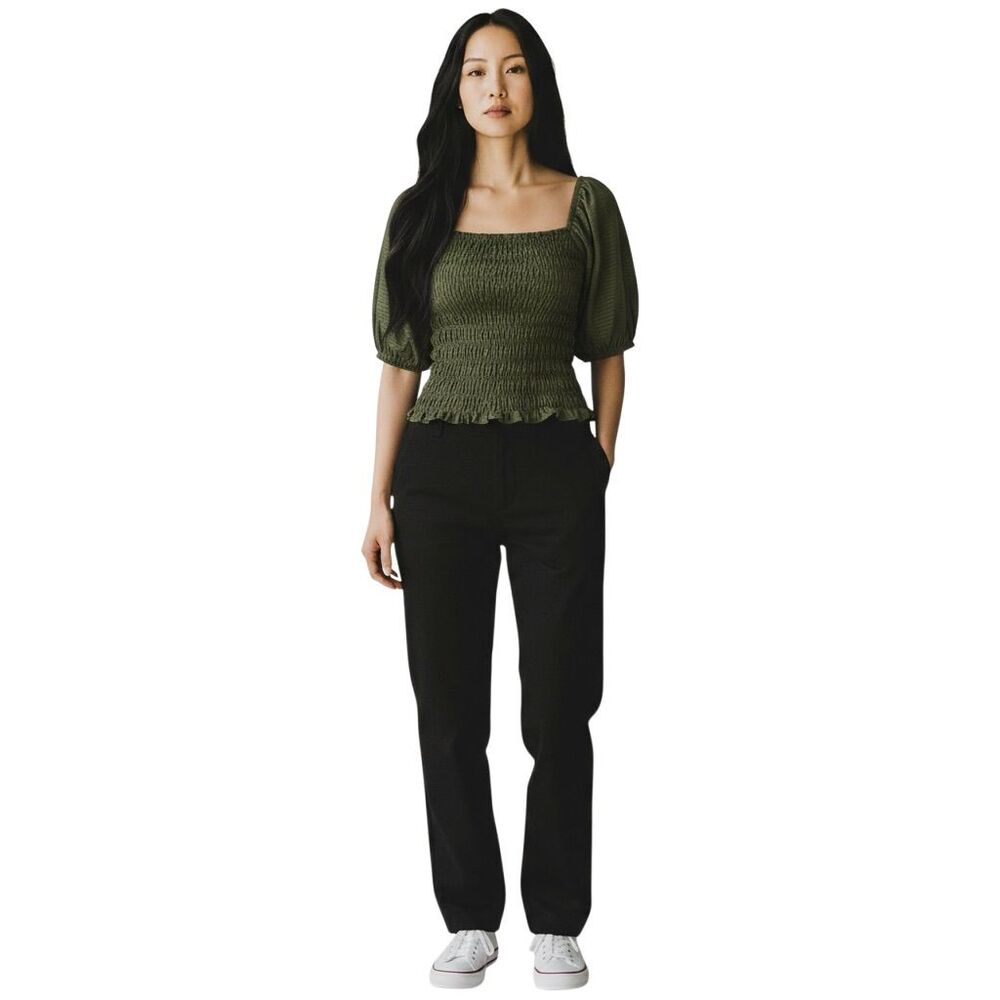 Old Navy Women's XL Olive Green Puff-Sleeve Smocked Blouse Casual